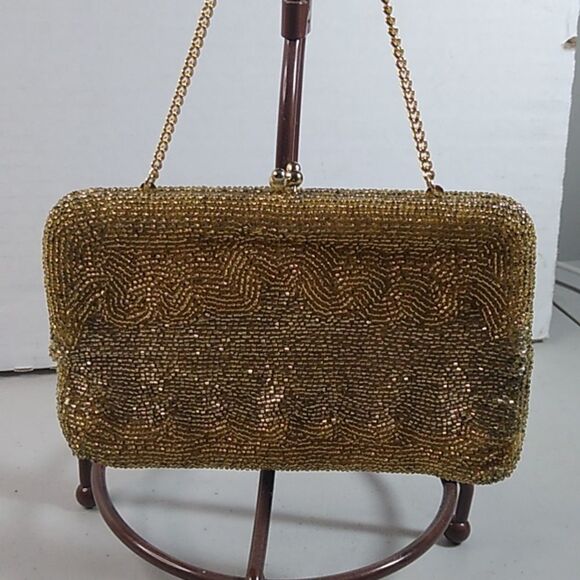 Hand Beaded in Japan Gold Tone Metal Kiss Clasp Yellow interior Cottagecore - Picture 2 of 10